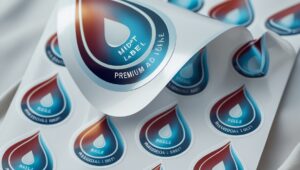 Tem giọt nước rực rỡ với hiệu ứng gradient, thiết kế nổi bật giúp tăng độ nhận diện thương hiệu.